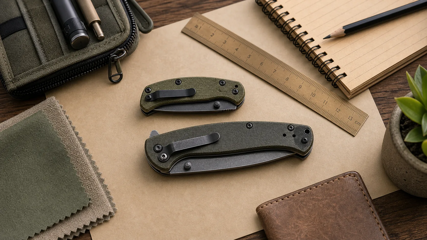 Closed folding utility knives beside a ruler and field notes for comparing 3 inch and 3.5 inch pocket knife size