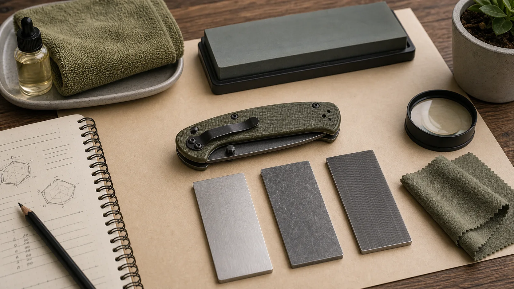 Closed folding utility knife with steel samples, sharpening stone, and cloth for comparing blade steel maintenance