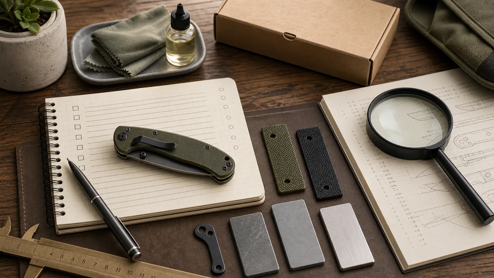 Pocket knife buying checklist with ruler, handle material swatches, cardboard mailer, and closed folding utility knife