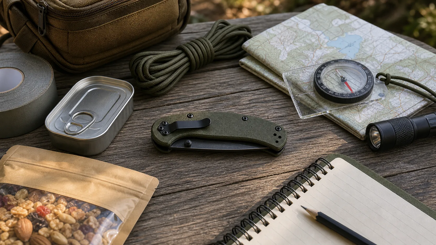 Closed folding utility knife with cordage, repair tape, food packaging, map, and camp notebook on an outdoor table