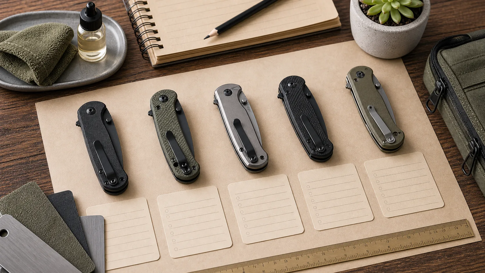 Unbranded closed folding utility knives arranged with ruler, material swatches, and blank spec cards for a starter shortlist