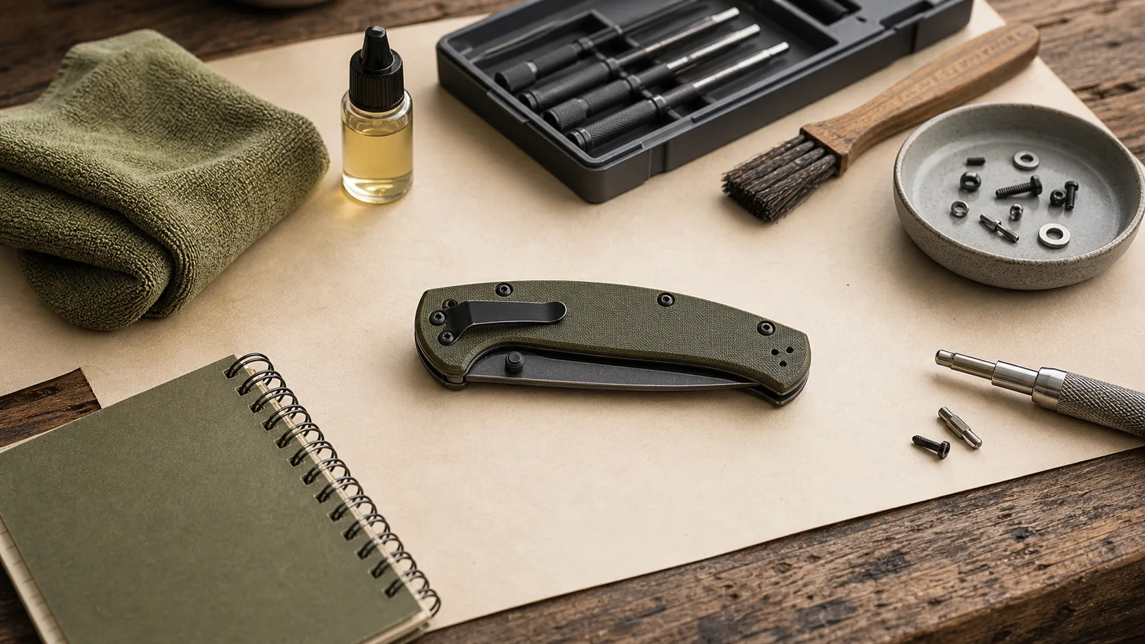 Closed folding utility knife on a maintenance workbench with microfiber cloth, oil bottle, brush, and precision tools