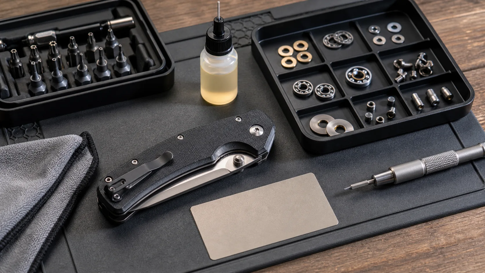 Closed folding utility knife with pivot washers, bearings, bit driver, oil bottle, microfiber cloth, and inspection tray