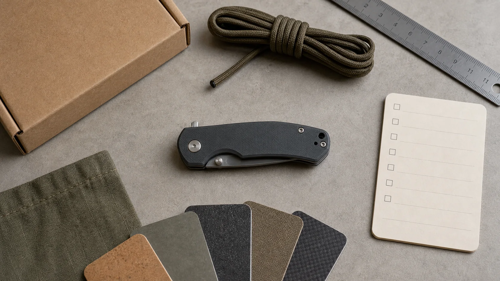 Closed folding utility knife with a cardboard mailer, cord, ruler, handle material samples, and blank checklist