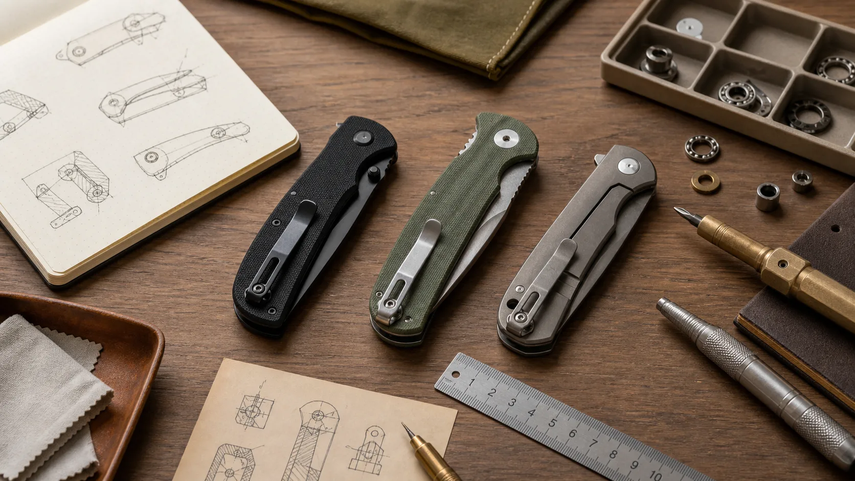 Closed folding utility knife with lock sketches, ruler, soft brush, cloth, and inspection tools on a workbench