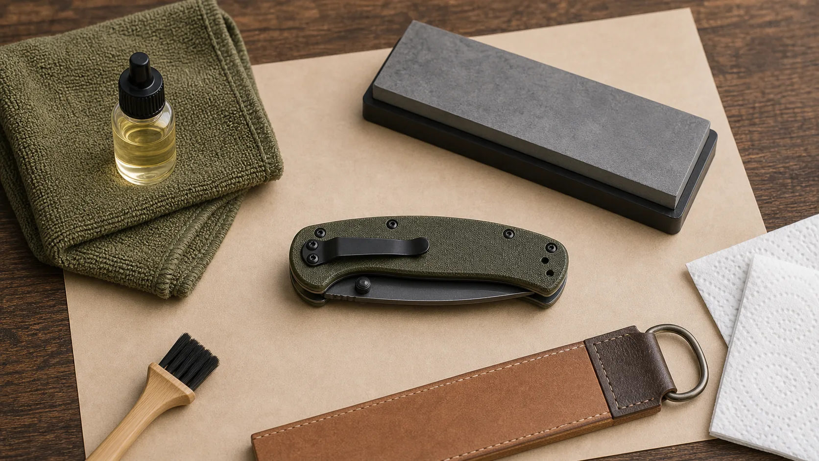 Closed folding utility knife with sharpening stone, leather strop, oil bottle, and cleaning cloth for basic care