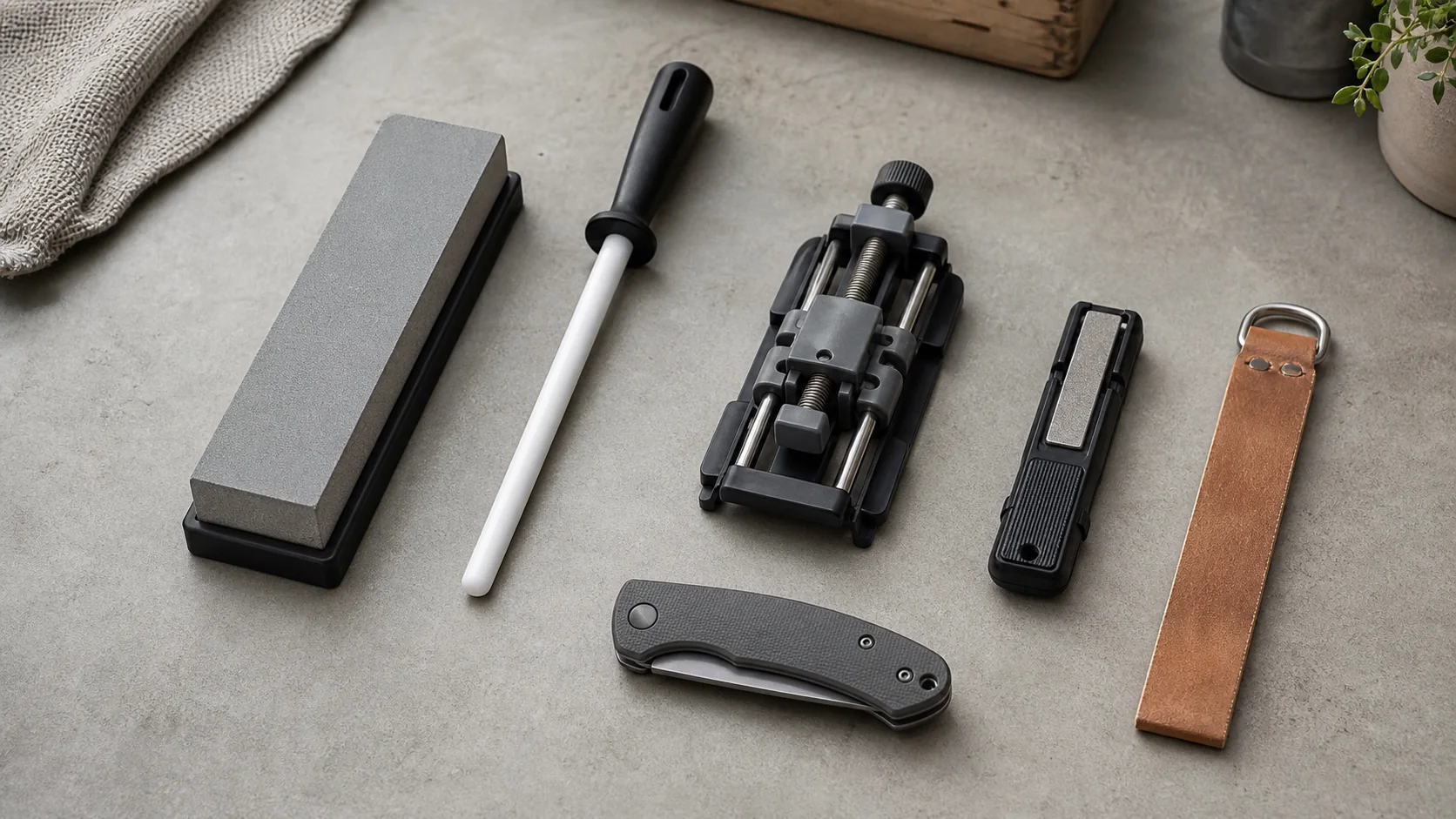 Closed folding utility knife beside a bench stone, ceramic rod, guided clamp sharpener, compact field tool, and leather strop