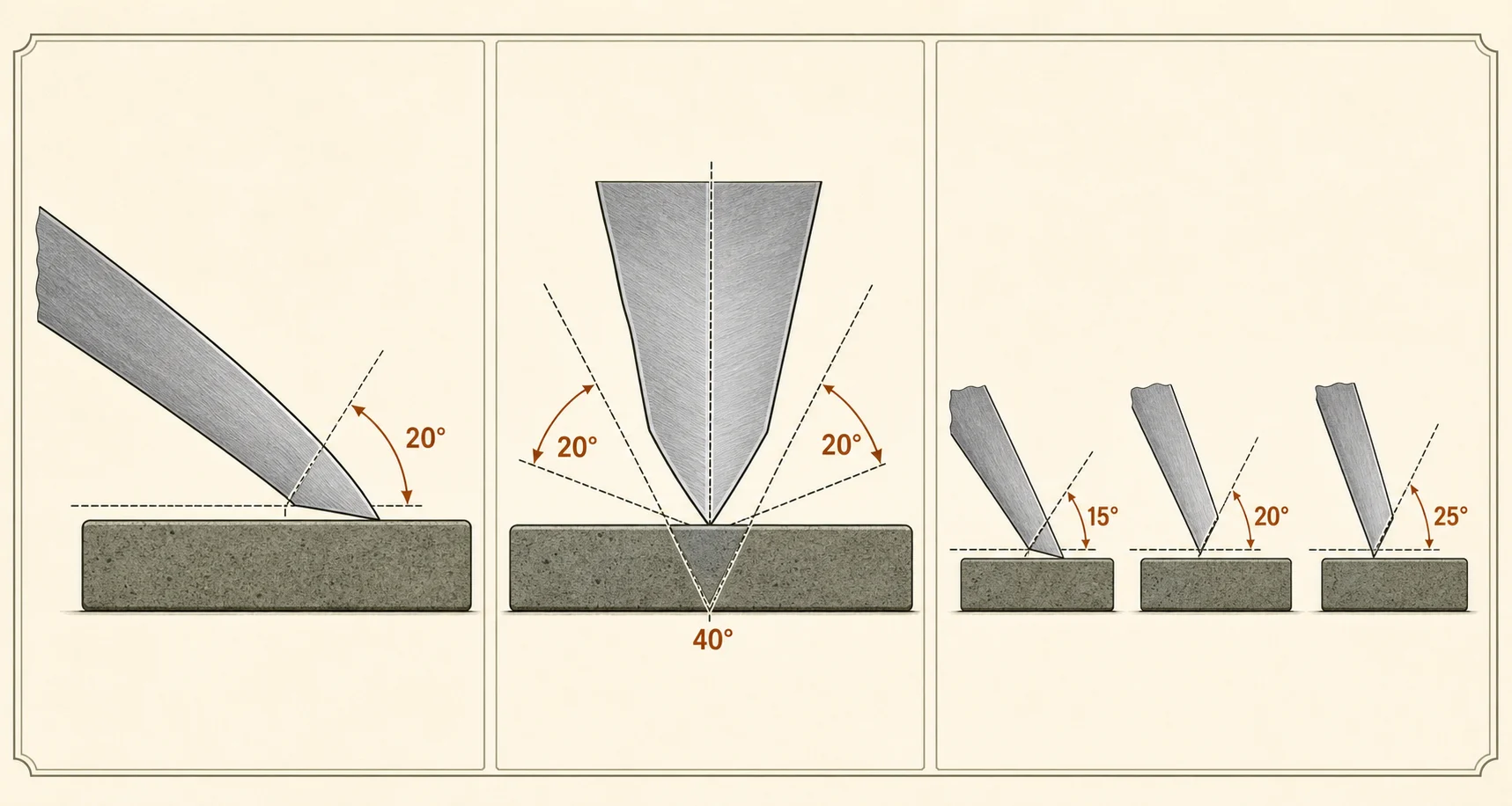 Sharpening diagram comparing 20 degrees per side with a 40 degree included angle and 15, 20, and 25 degree stone setups