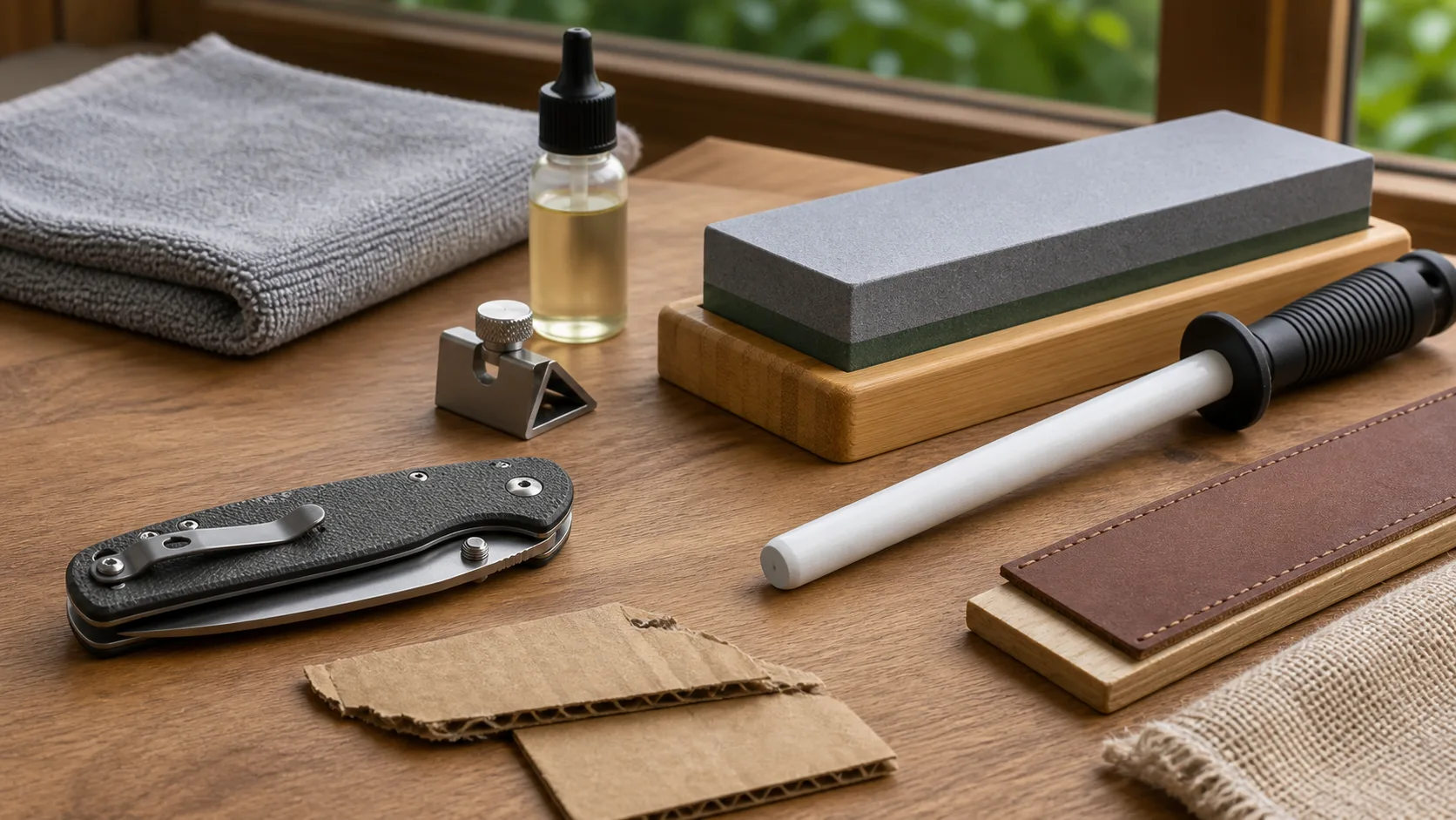 Closed folding utility knife with sharpening stone, ceramic rod, leather strop, angle guide, and cardboard test strips