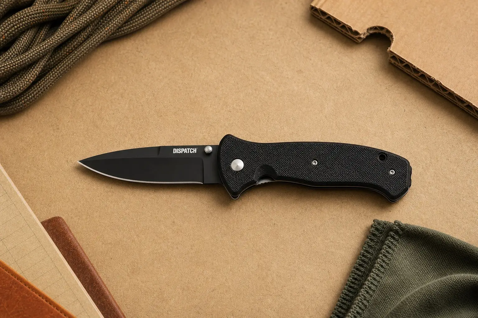 DISPATCH 3.58 inch 8Cr13MoV drop point folding knife with G10 handle on a workbench